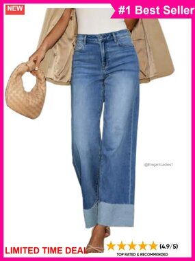 High Waisted Wide Leg Cuffed Jeans Frayed Raw Hem Stretch Denim Pants